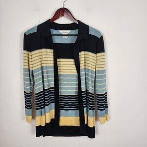 Exclusively Misook 100% Acrylic Black Blue Yellow Collared Cardigan Womens Small